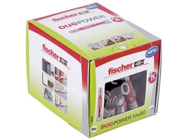 Fischer DUOPOWER 10 x 80, Murstein, Betong, Foam concrete, Gipsfiberplate, Murverk, Gipsplater, Nylon, 1 cm, 80 mm, 9 cm, 25 stykker