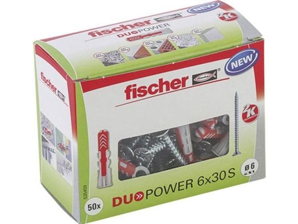 Fischer DUOPOWER 6 x 30 S LD, Ekspansjonsanker, Betong, Metall, Grå, Pozidriv, PZ2