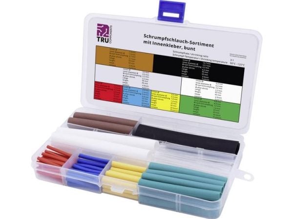 Krymrörssortiment TRU COMPONENTS T1807CA005 - röd, blå, gul, grön, transparent, brun, vit, svart - krympningshastighet 3:1 - 118 delar