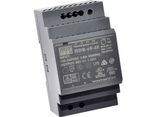 MEAN WELL HDR-60-12, 85 - 264 V, 60 W, 12 V, 4,5 A, RoHS, 52,5 mm