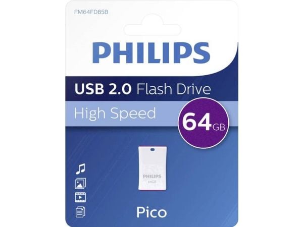 Philips FM64FD85B/00, 64 GB, USB Type-A, 2.0, Med lokk, Lilla, Hvit