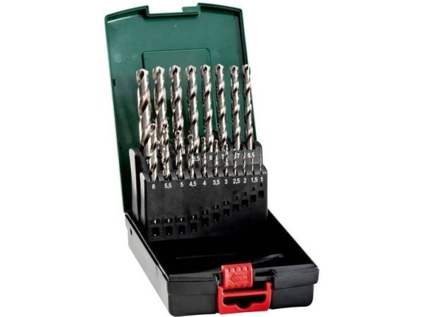 Metabo 627668000, Borr, Borrsats, 1 cm, Legerat stål, Gjutjärn, Cast steel, grafit, Plast, Stål, Låda, 19 styck