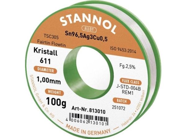Lydmetalis Sn96.5Ag3Cu0.5 1.0mm 100g su fliusu Stannol
