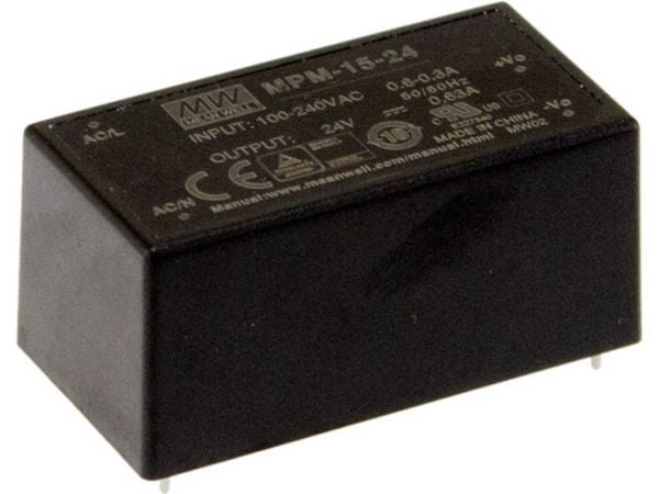 MENER GODT MPM-15-24, 90-264V, 15W, 24V, 0,63A, RoHS, 52,4mm