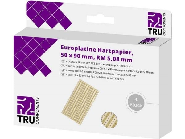 TRU COMPONENTS europrintplate hardt papir (L x B) 90 x 50 mm, 35 µm, rutenett 5,08 mm, 4 stk