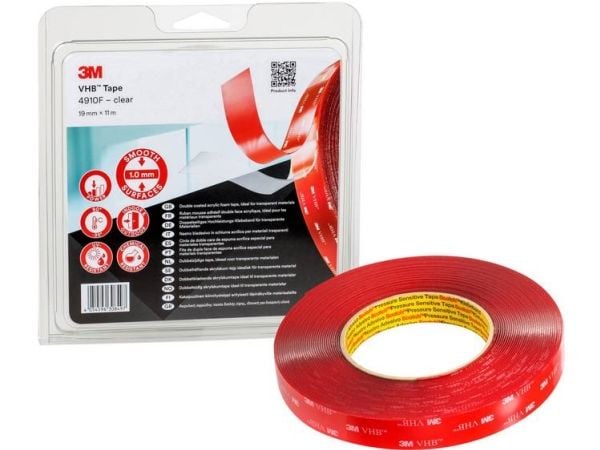 3M VHB høyytelses dobbeltsidig tape 4910F, 19 mm x 11 m, tilpasset for vanskelige overflater - 1 stk (4910F/IPS)