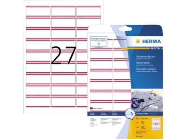 HERMA Special Name/textile - Acetatsilke - fjernbart selv-adhesiv - hvit med røde striper - 63.5 x 29.6 mm 540 etikett(er) (20 ark x 27) merkelapper