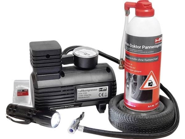 HP Autozubehör 10257 dekkreparasjonssett - punkteringssett - med måling av dekktrykk og LED-lys - personbil (L x B x H) 28 x 27 x 11,5 cm