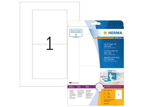 HERMA Special - Kraftig hvitt - 121 x 242 mm 25 ark CD-etiketter / innleggsdeler