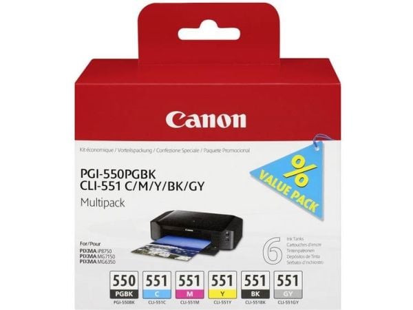 Canon PGI-550/CLI-551 PGBK/C/M/Y/BK/GY Multi Pack - 6-pack - grå, svart, gul, cyan, magenta - original - bläcktank - för PIXMA iP7250, iP8750, iX68...