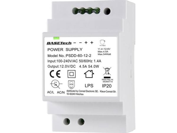 BASETech PSDD-60-12-2, PS-transformator, Hvit, Overbelastning, 100 - 240 V, 50 - 60 Hz, 12 V