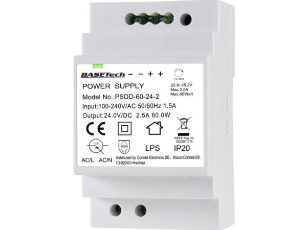 BASETech PSDD-60-24-2, PS-transformator, Hvit, Overbelastning, Plast, 100 - 240 V, 50 - 60 Hz