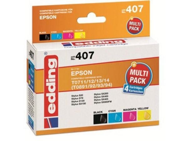 Edding EDD-407, Svart, Cyan, Magenta, Gul, 10 ml, 9 ml, 4 styck