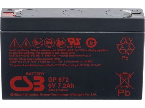 CSB Battery GP 672 standby UPS blybatteri 6 V 7,2 Ah blyfleece (B x H x T) 151 x 101 x 34 mm, flattstift 4,8 mm / 6,35 mm, vedlikeholdsfritt