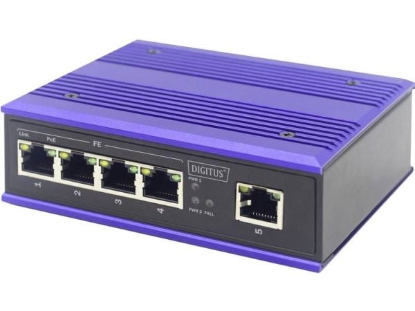 DIGITUS Industrial - Switch - ikke-styrt - 4 x 10/100 (PoE+) + 1 x 10/100 (opplink) - stasjonær, DIN-skinnemonterbar - PoE+