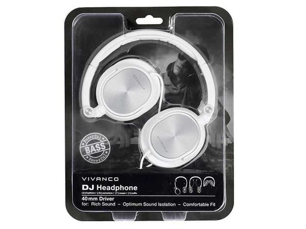 Vivanco DJ 30, Koblet med ledninger (ikke trådløs), 20 - 20000 Hz, Musikk, Hodetelefoner, Metallisk, Hvit