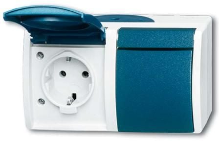 Stikkontakt Schuko Ocean dobbelt vandret 16A grå/blågrøn IP44