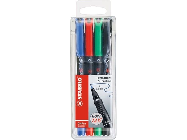 Stabilo OHP pennesett med 4 farger - ekstra fin 0,4 mm - permanent - egnet for glatte overflater