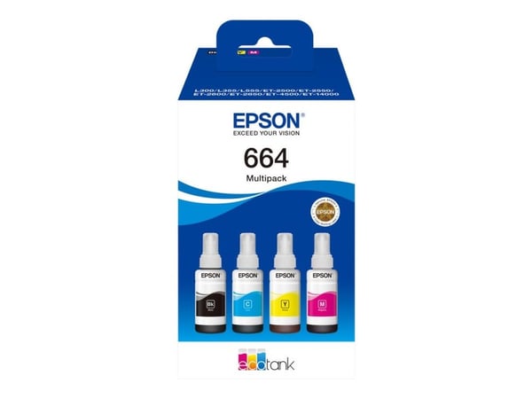 Epson EcoTank 664 - 4 pakker - svart, gul, cyan, magenta - original - blekkpåfylling - for Epson L380, L395, L495; EcoTank ET-2650, L1455, L656; Ec...
