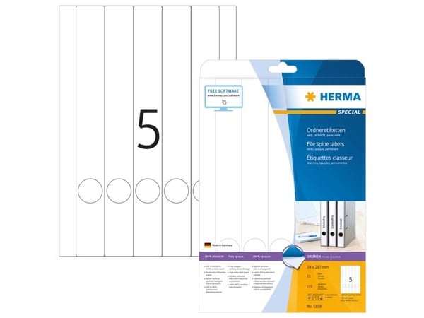 HERMA Special - Papir - matt - permanent selv-adhesiv - hvit - 34 x 297 mm 125 etikett(er) (25 ark x 5) opake arkivmappeetiketter