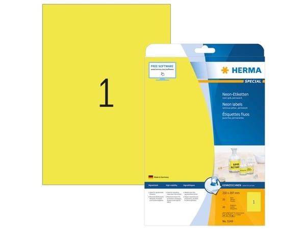 HERMA Special - Papir - matt - permanent selv-adhesiv - lysende gult - A4 (210 x 297 mm) 20 etikett(er) fluorescerende etiketter