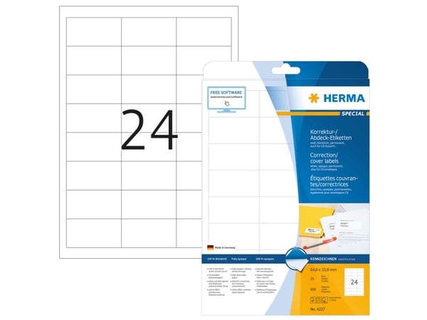 HERMA Special - Hvit - 64.6 x 33.8 mm 600 etikett(er) (25 ark x 24) permanente selvklebende matte opake rettelses/omslags-papiretiketter