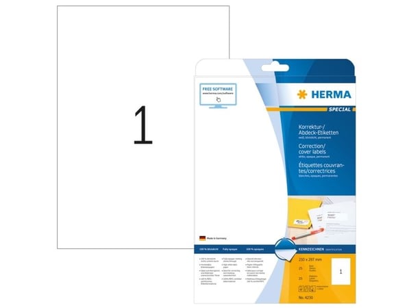 HERMA Special - Hvit - A4 (210 x 297 mm) 25 etikett(er) permanente selvklebende matte opake rettelses/omslags-papiretiketter