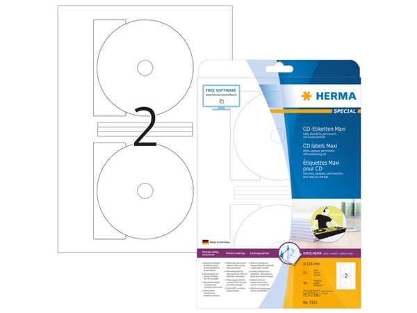 HERMA Special Maxi - Papir - matt - permanent selvklebende - hvit - 116 mm rund 50 etikett(er) (25 ark x 2) ugjennomsiktige CD/DVD-etiketter