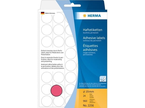 HERMA - Permanet adhesiv - lysende rød - 19 mm rund 960 etikett(er) (24 ark x 40) merkelapper