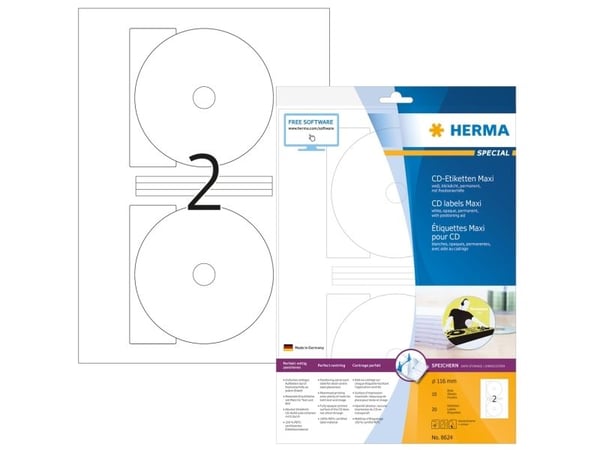 HERMA Special Maxi - Papir - matt - permanent selvklebende - hvit - 116 mm rund 20 etikett(er) (10 ark x 2) ugjennomsiktige CD/DVD-etiketter