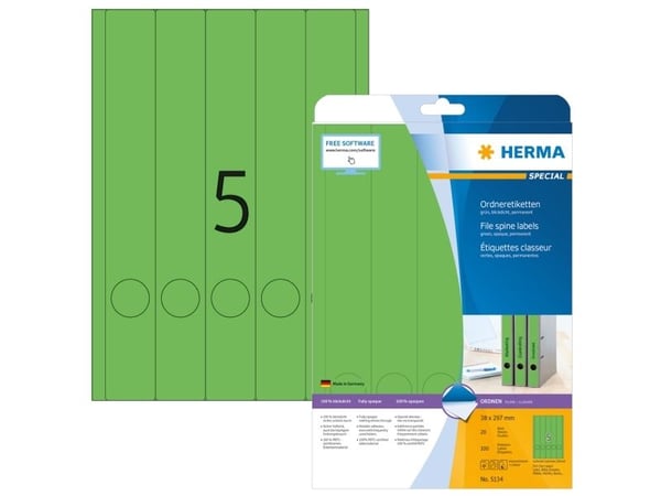HERMA 5134, Grønn, Selvklebende skriveretikett, A4, Papir, Laser/Blekkskriver, Permanent