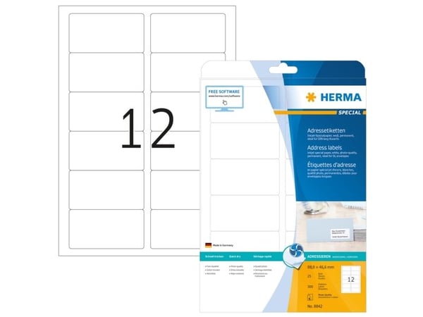 HERMA 8842, Hvit, Papir, Blekkdyse, Matte, Permanent, Avrundet rektangel