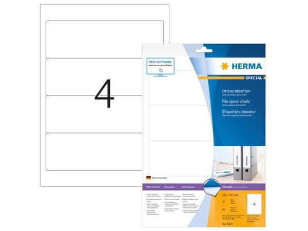 HERMA Special - Papir - matt - permanent selv-adhesiv - hvit - 192 x 61 mm 40 etikett(er) (10 ark x 4) opake arkivmappeetiketter
