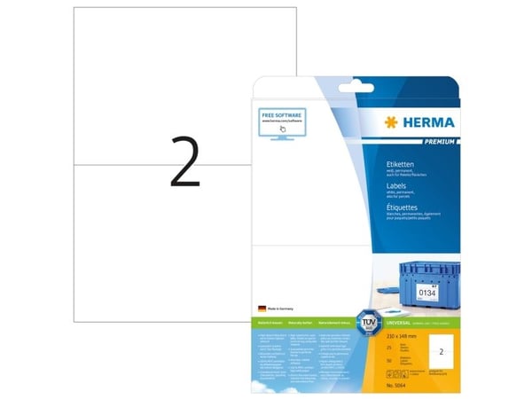 HERMA Premium - Papir - matt - permanent selv-adhesiv - hvit - 210 x 148 mm 50 etikett(er) (25 ark x 2) laminerte etiketter