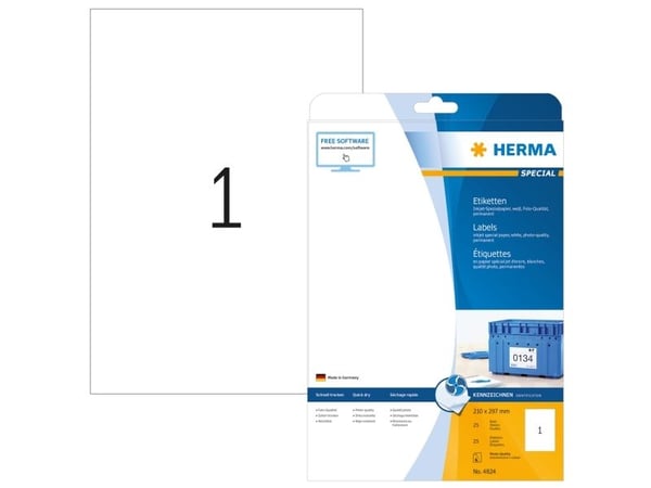 HERMA 4824, Valkoinen, Itse kiinnittyvä tulostintarra, A4, Paperi, Mustesuihku, Kiinteä
