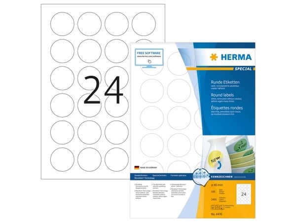 HERMA Special - Papir - matt - fjernbart selv-adhesiv - hvit - 40 mm rund 2400 etikett(er) (100 ark x 24) merkelapper