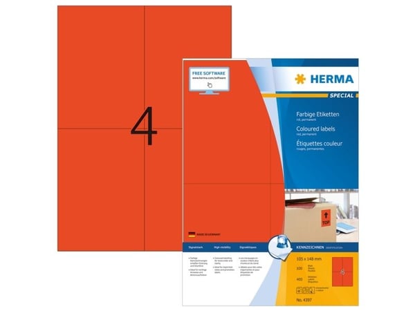 HERMA Special - Papir - matt - permanent selv-adhesiv - rød - A6 (105 x 148 mm) 400 etikett(er) (100 ark x 4) merkelapper