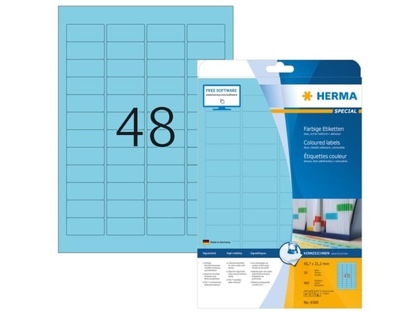 HERMA Special - Papir - matt - permanent selvklebende - blå - 45,7 x 21,2 mm 960 etikett(er) (20 ark x 48 etiketter)