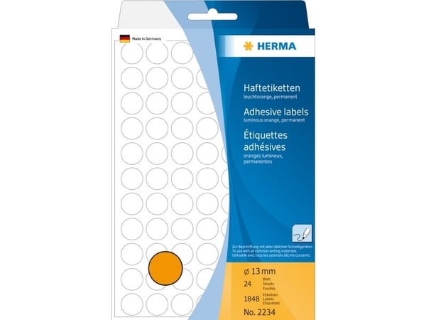 HERMA permanenta självhäftande etiketter Luminous Orange 13 mm rund 1848 etiketter (24 ark x 77) (2234)