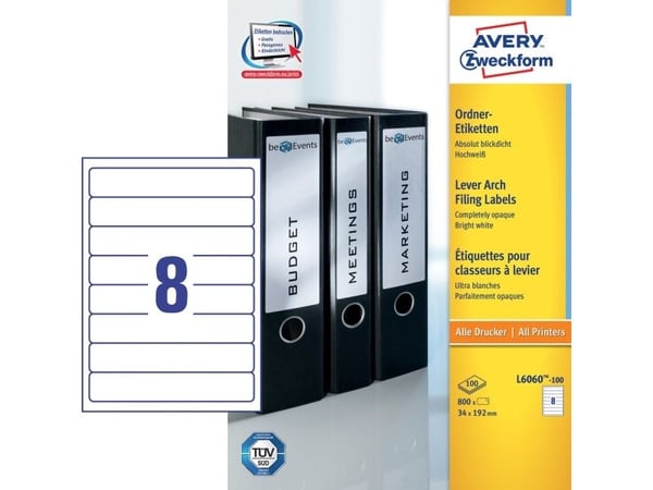 Avery L6060-100, Vit, Självhäftande skrivaretikett, A4, papper, Laser/bläckstråleskrivare, Permanent