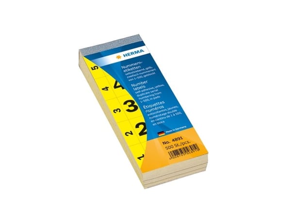 HERMA nummerblock, självhäftande, 28 x 56 mm, gult 1-500, 5 siffror per ark, 100 ark per block (4891)