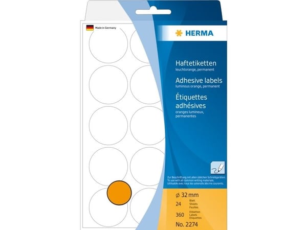 HERMA - Papper - permanent självhäftande - orange - 32 mm rund 360 etikett (er) (24 ark x 15) runda etiketter