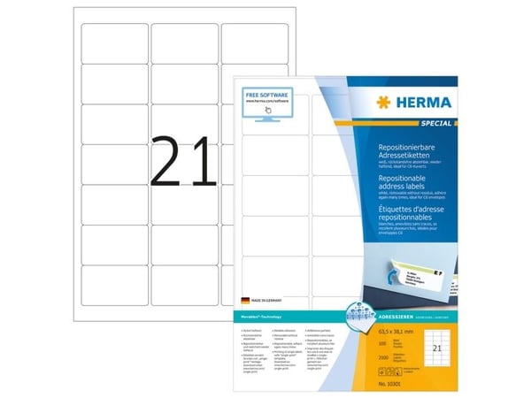 HERMA Special - Papir - matt - flyttbart selv-adhesiv - hvit - 63.5 x 38.1 mm 2100 etikett(er) (100 ark x 21 adresselapper