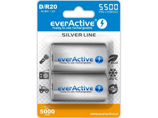 Everactive EVHRL20-5500, Oppladbart batteri, D, Nikkelmetallhydrid (NiMH), 1,2 V, 2 stykker, 5500 mAh