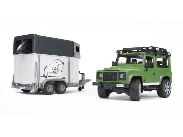 Bruder Land Rover Defender Station Wagon with horse trailer and horse toy