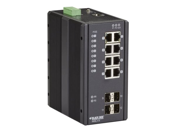 Black Box Industrial Managed Ethernet PoE+ Switch - Switch - Styrt - 8 x 10/100/1000 (PoE+) + 4 x SFP - stasjonær, DIN-skinnemonterbar, veggmonterb...
