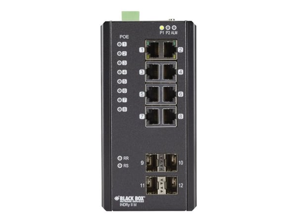 Black Box Industrial Managed Ethernet PoE+ Switch - Switch - Styrt - 8 x 10/100/1000 (PoE+) + 4 x SFP - stasjonær, DIN-skinnemonterbar, veggmonterb...