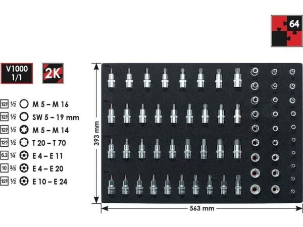 Vigor V2837, Støpselsett, 1/4+3/8+1/2", Metrisk, 64 hoder, 5,6,7,8,10,12,14,17,19 mm, 1/2,1/4,3/8"