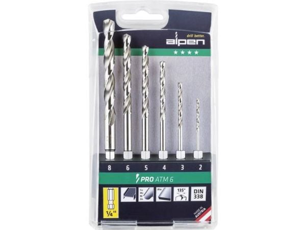 Alpen 0000100806100 HSS metall spiralbor-sett 4 deler 2/3/4/5/6/8 mm 1/4" (6,3 mm) utvendig firkant 1 stk.