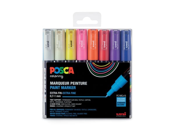 POSCA PC-1M, Flerfarget, Flerfarget, 16 farger, Ekstra fin, 0,7 mm, 1 mm